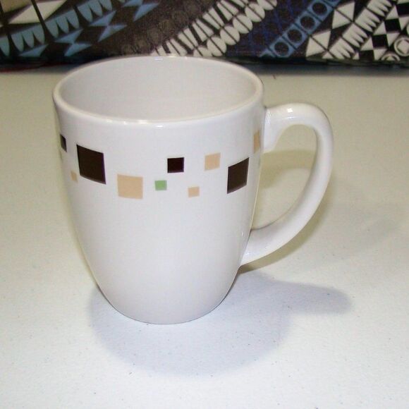 Corelle Geometric Stoneware Mug Set of 4 White Brown Green Squares - Picture 1 of 6